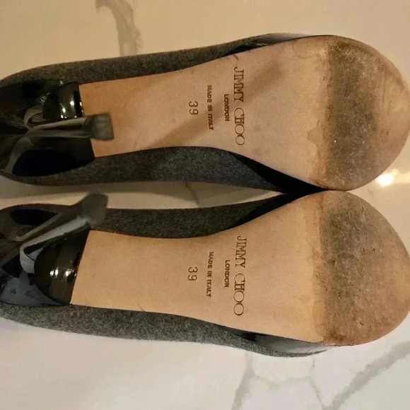 Jimmy Choo London Flannel Wool Patent Leather Platform Stiletto Heels Size 39 - Picture 9 of 10